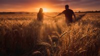 Romantic couple holding hands walking through golden wheat field at sunset with warm sunlight creating dreamy atmosphere for love and relationship concepts.