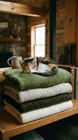Tabby and white cat resting on stacked knit sweaters in rustic wooden cabin interior with warm natural light, cozy home setting.