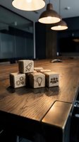 Wooden blocks with business icons on office desk representing innovation, teamwork, growth and ideas in modern workplace environment.