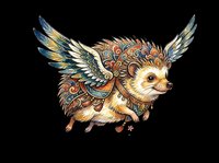 Adorable winged hedgehog with ornate patterned body and detailed feathered wings, isolated on transparent background. Ready for t-shirts, stickers, clipart, and print-on-demand designs.