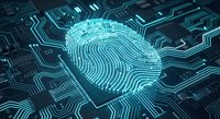 Digital fingerprint on futuristic circuit board with glowing cyan lines representing biometric security, identity verification and cybersecurity technology concepts.