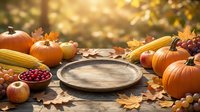 Autumn harvest arrangement with empty wooden plate surrounded by pumpkins, corn, apples, cranberries and fall leaves on rustic surface for seasonal dining and thanksgiving designs.