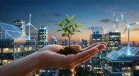 Hands holding green plant seedling with modern city skyline, solar panels and wind turbines at sunset representing sustainable urban development and eco-friendly growth.