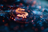 Glowing dollar symbol surrounded by digital particles and bokeh lights on dark background with orange and blue color scheme for financial technology concept.