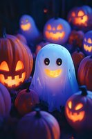 Glowing ghost decoration surrounded by illuminated jack o'lanterns creates magical Halloween atmosphere with purple and orange lighting effects in dark setting.