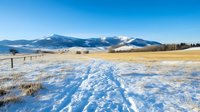 Snowy mountain landscape with winding path through golden winter grass and snow covered ground against blue sky, scenic wilderness view in rural countryside.