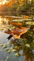 Fallen autumn maple leaf floating on pond water surface with golden sunlight and forest reflection creating peaceful seasonal nature scene.