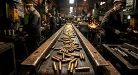 Workers manufacturing ammunition bullets in industrial factory production line with metal casings and brass components for military defense industry.