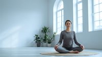 Young Asian woman practicing yoga meditation in bright modern studio with large windows and plants, sitting cross-legged on mat in peaceful lotus pose.