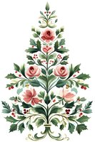 Watercolor folk art Christmas tree composed of holly leaves, pink roses, and red berries in traditional Scandinavian style. Perfect for holiday designs.