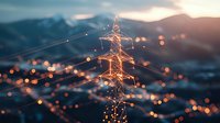 High voltage electrical transmission tower illuminated at dusk against mountain landscape with glowing city lights creating dreamy bokeh effect in background.