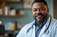 Confident African American male doctor with beard smiling warmly in medical office wearing white coat and stethoscope for healthcare marketing materials.