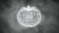 Glowing wireframe pumpkin with geometric mesh structure on dark smoky background, suitable for Halloween graphics, technology concepts, and digital design projects.