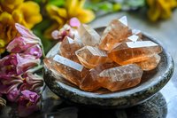 Orange healing crystals in stone bowl with pink flowers, spiritual wellness concept for meditation, mindfulness and alternative therapy practices.