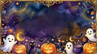 Spooky night scene with glowing jack-o-lanterns, friendly ghosts, black cats, bats, and golden ornamental frame against starry purple sky. Halloween celebration.
