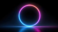 Glowing neon circle with gradient colors from blue to pink reflecting on dark water surface against black background, creating futuristic atmosphere.
