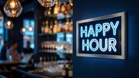 Neon happy hour sign glowing in modern bar restaurant with blurred background lights creating warm atmospheric dining entertainment venue.