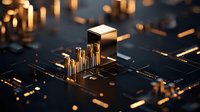 Futuristic microchip with glowing golden circuit elements on dark background. Close-up view of electronic components with dramatic lighting creates tech atmosphere.