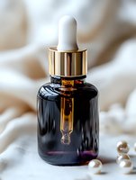 Dark amber glass dropper bottle with gold cap and white applicator on light fabric background with decorative pearls, suitable for cosmetics and skincare packaging.
