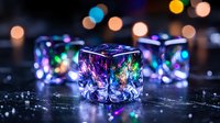 Glowing transparent dice with colorful light reflections and bokeh effects on dark surface, creating magical atmosphere for gaming and entertainment concepts.