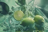 Fresh limes splashing in crystal clear water with dynamic water drops and motion, creating refreshing composition on mint green background.