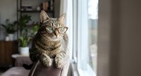 Adorable tabby cat wearing glasses sitting on windowsill in cozy home interior with plants and natural light for pet care and lifestyle content.