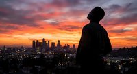 Silhouette of contemplative man overlooking illuminated city skyline during dramatic orange and pink sunset with urban lights twinkling below.