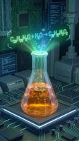 Digital laboratory flask with glowing chemical formula on futuristic circuit board background for science technology research and innovation concepts.