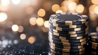 Stack of black and gold poker chips on reflective surface with soft glowing bokeh lights in background creating luxurious casino atmosphere.
