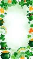 St. Patrick's Day frame with shamrocks, leprechaun hats, pots of gold and rainbows on light green background for greeting cards and festive designs.