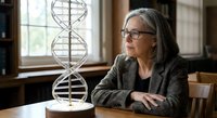 Senior female scientist with gray hair and glasses contemplating DNA double helix model in laboratory office setting for genetic research concepts.