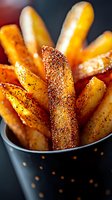 Golden crispy french fries with seasoning in metal container, fast food snack ready to serve for restaurant menu and culinary photography.