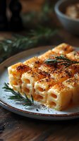 Creamy baked macaroni and cheese casserole garnished with fresh rosemary sprigs and black pepper on rustic ceramic plate, close-up view with melted cheese texture.