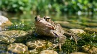 Toad sitting on wet rocks in shallow water with green aquatic plants and natural sunlight reflecting on the surface.