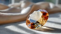 Amber diamond gemstone on soft beige surface with natural light casting shadows, perfect for luxury jewelry advertising.