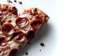 Appetizing pepperoni pizza slice with melted mozzarella cheese and crispy edges on white background, close-up view showing texture and toppings for food marketing.