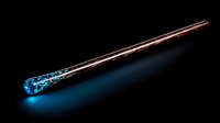 Glowing blue crystal magic wand on dark background with mystical light effect and magical sparkles, fantasy concept for magical designs and illustrations.
