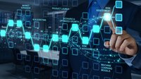 Businessman touching digital interface with product development lifecycle stages including market research, risk assessment and machine learning models.