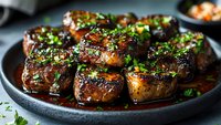 Glazed tofu cubes with fresh herbs in savory sauce on ceramic plate, plant-based protein dish for healthy cooking and vegetarian meal preparation.