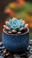 Delicate succulent plant with pink-tipped blue-green leaves in textured navy ceramic pot, set against soft bokeh background. Perfect for wellness and gardening content.