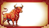 Red and gold ornate bull with traditional patterns on decorative background for Chinese New Year celebrations and zodiac designs.