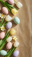 Easter eggs with spring tulips and daffodils on kraft paper background. Pastel colored decorated eggs with floral pattern for holiday celebration and greeting cards.