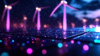 Futuristic cityscape with glowing pink light beams piercing through night sky, neon bokeh lights creating magical urban atmosphere. Cyberpunk style background.