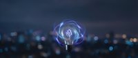 Glowing light bulb with blue energy waves on blurred city background, representing innovation, creativity, and smart technology solutions for business concepts.