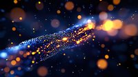 Magical glowing particles stream with golden bokeh lights against dark blue background creating ethereal cosmic effect. For fantasy or space designs.