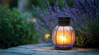 Glowing vintage lantern with candlelight on wooden surface against blooming lavender flowers in evening garden creates cozy atmospheric mood.