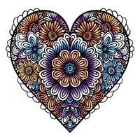 Floral heart mandala in purple, orange and blue tones with ornate flower pattern on white background, isolated design element for decorative art and crafts.