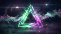 Neon triangle frame with glowing green and pink light effects on dark cosmic background for futuristic digital design projects.