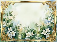 Elegant floral frame with white flowers and golden ornate border on soft background for wedding invitations and romantic designs.