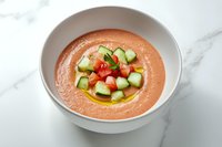 Cold and tomato garnish, olive oil drizzle served in white bowl on marble surface. Fresh summer appetizer.